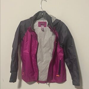 REI Girls' Pink and Gray Hooded Rain Jacket